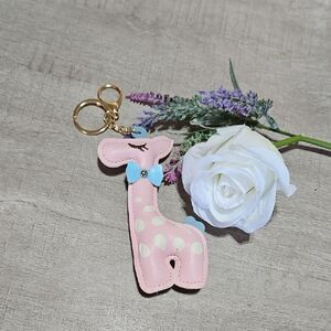 Pink 🎁 Giraffe Vegan Leather Key Ring Bag Charm with Gold Color Accents